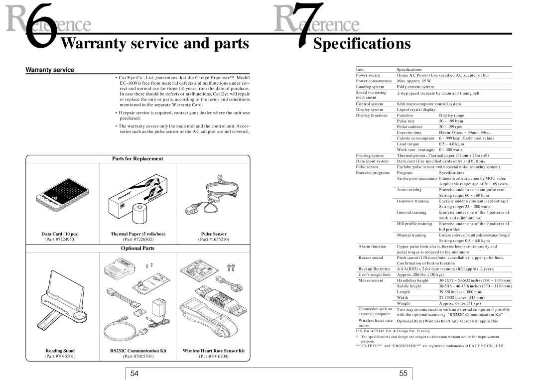 Cateye MODEL EC-1600 operating instructions Warranty service and parts, Specifications 