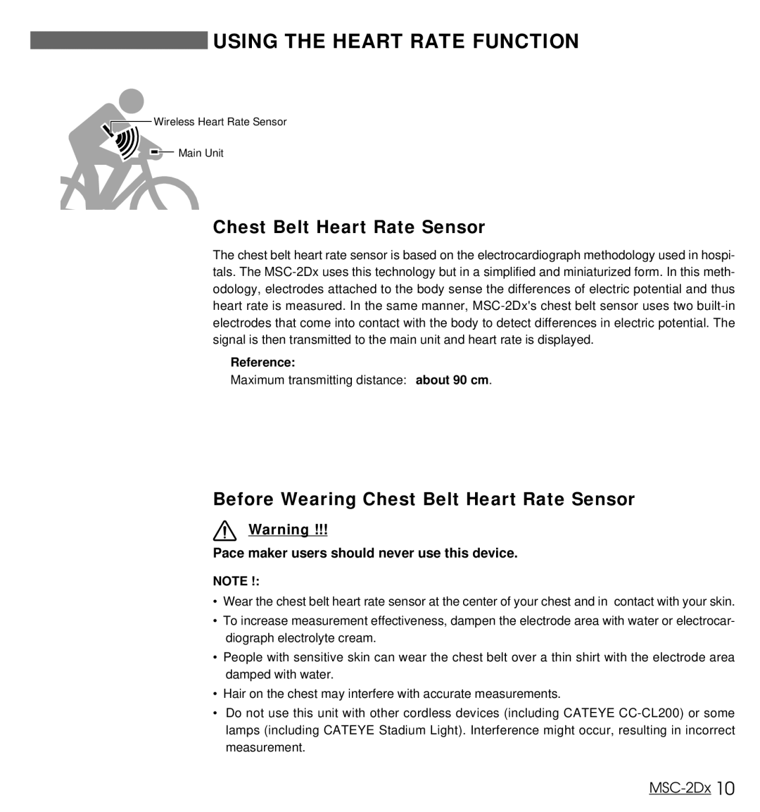 Cateye MSC-2Dx user manual Using the Heart Rate Function, Before Wearing Chest Belt Heart Rate Sensor 