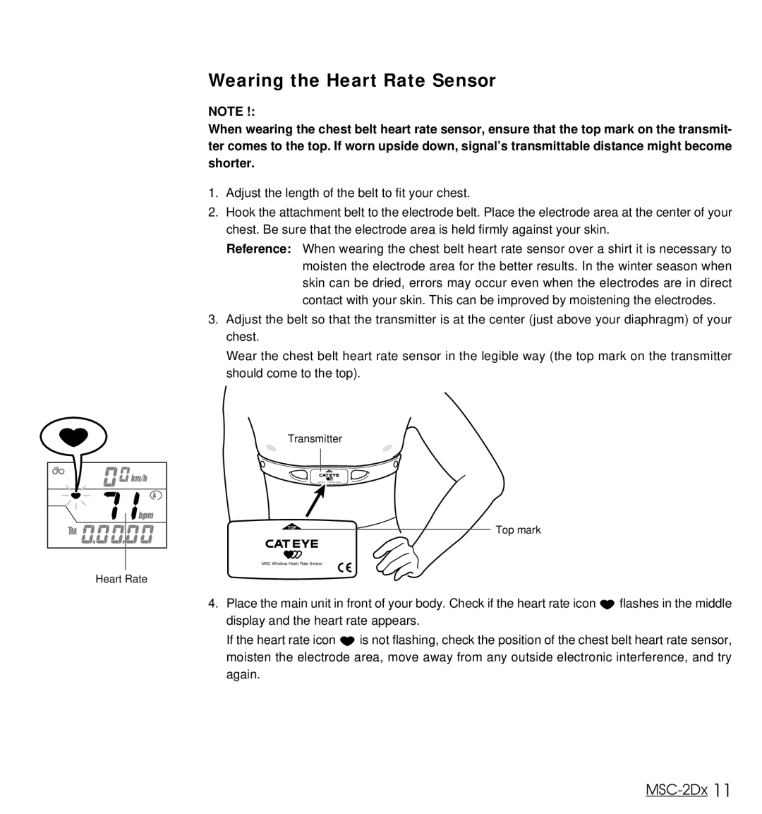 Cateye MSC-2Dx user manual Wearing the Heart Rate Sensor 