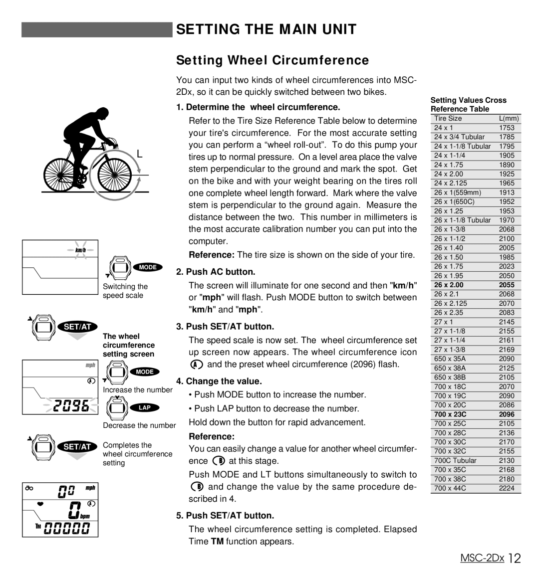 Cateye MSC-2Dx user manual Setting the Main Unit, Setting Wheel Circumference 