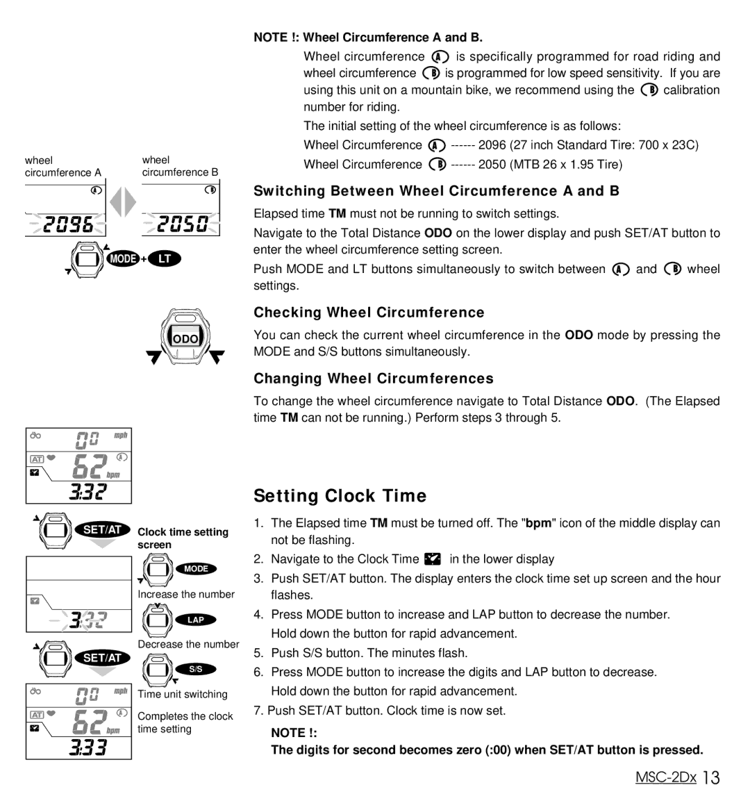 Cateye MSC-2Dx user manual Setting Clock Time, Switching Between Wheel Circumference a and B, Checking Wheel Circumference 