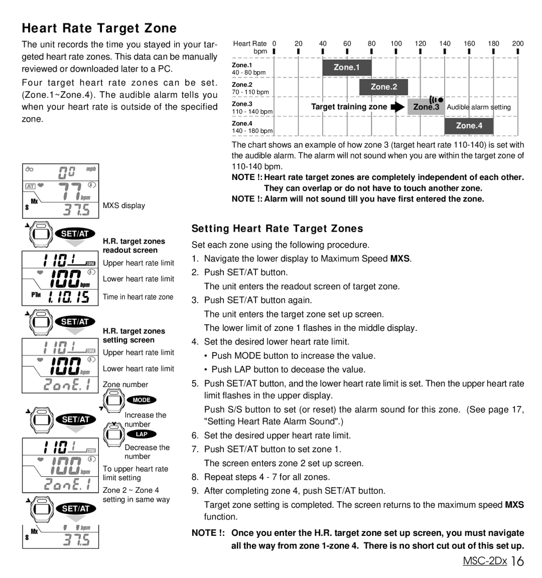 Cateye MSC-2Dx user manual Setting Heart Rate Target Zones 