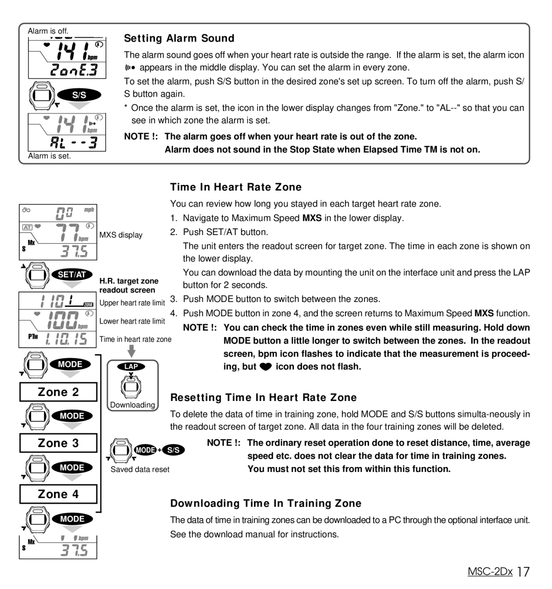 Cateye MSC-2Dx user manual Setting Alarm Sound, Resetting Time In Heart Rate Zone, Downloading Time In Training Zone 