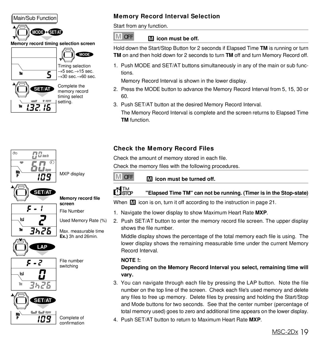 Cateye MSC-2Dx Memory Record Interval Selection, Check the Memory Record Files, Icon must be off, Icon must be turned off 