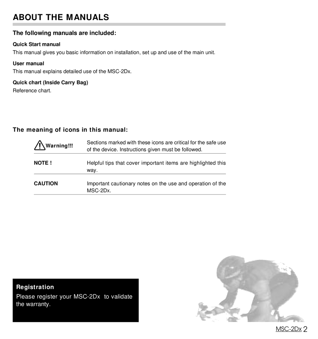 Cateye MSC-2Dx About the Manuals, Meaning of icons in this manual, Quick Start manual, Quick chart Inside Carry Bag 