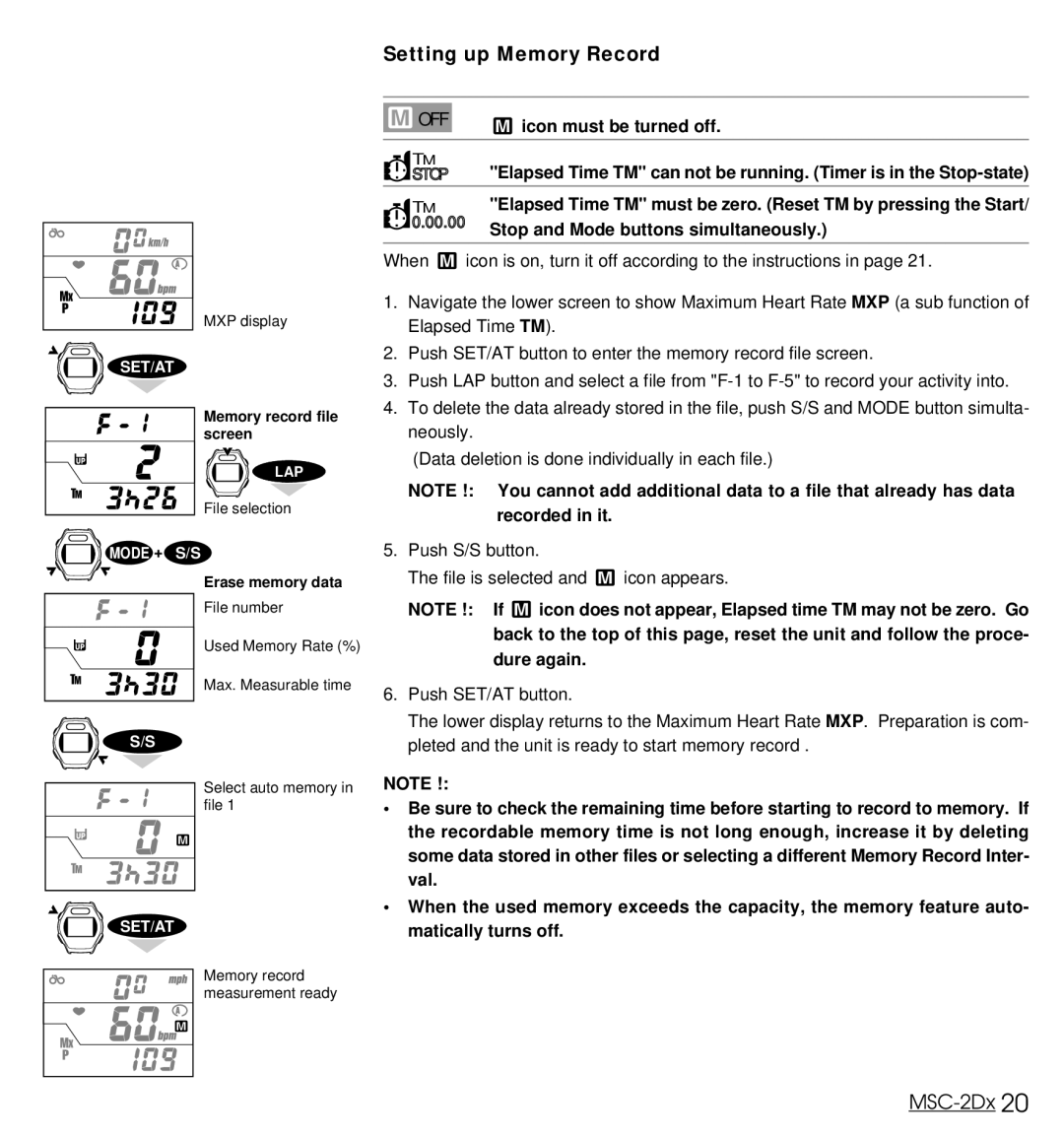 Cateye MSC-2Dx user manual Setting up Memory Record, Stop and Mode buttons simultaneously 