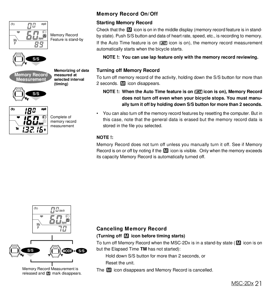 Cateye MSC-2Dx user manual Memory Record On/Off, Canceling Memory Record, Turning off icon before timing starts 