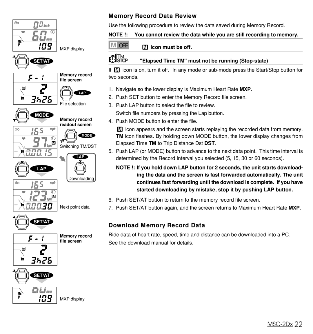 Cateye MSC-2Dx Memory Record Data Review, Download Memory Record Data, Stop Elapsed Time TM must not be running Stop-state 