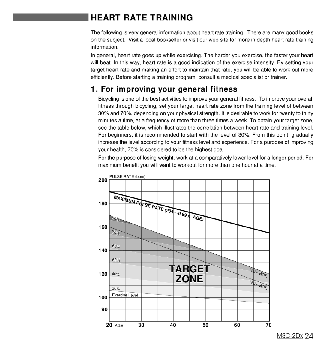 Cateye MSC-2Dx user manual Heart Rate Training, For improving your general fitness 