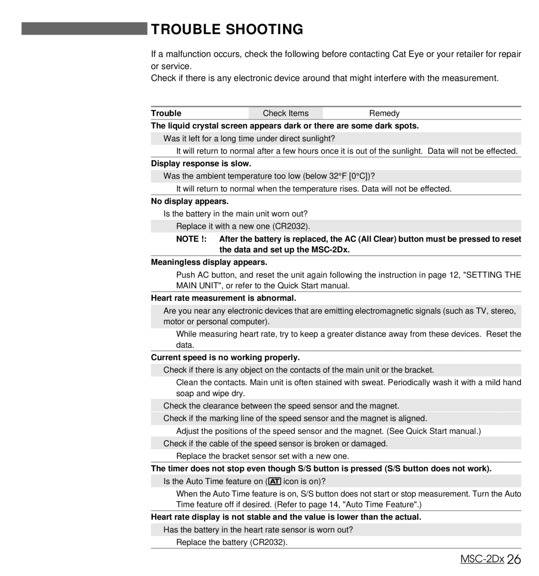 Cateye MSC-2Dx user manual Trouble Shooting 