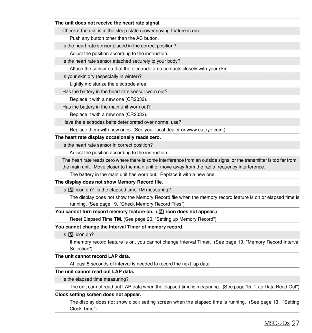 Cateye MSC-2Dx user manual Unit does not receive the heart rate signal, Heart rate display occasionally reads zero 