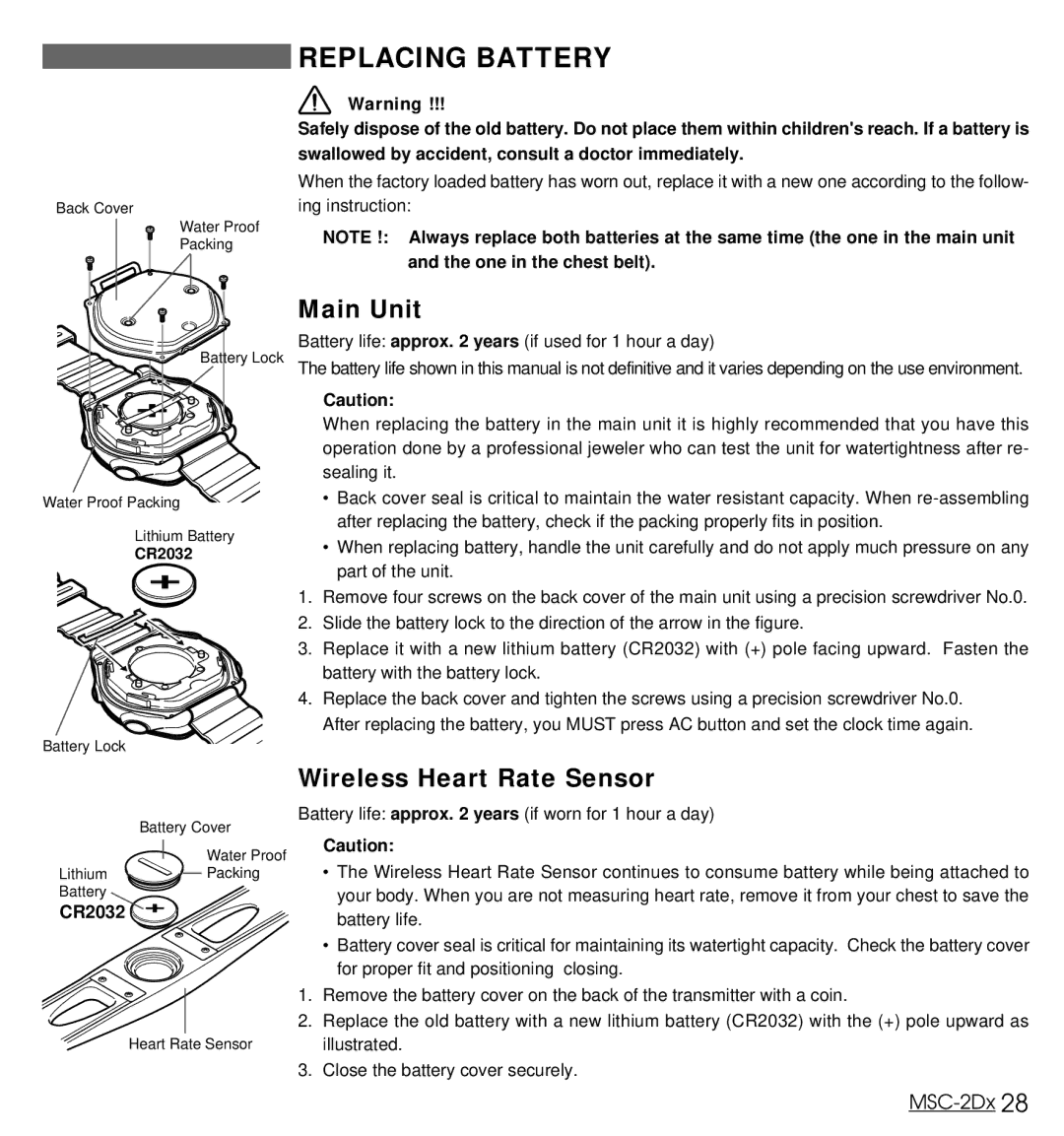 Cateye MSC-2Dx user manual Replacing Battery, Main Unit, Wireless Heart Rate Sensor, CR2032 