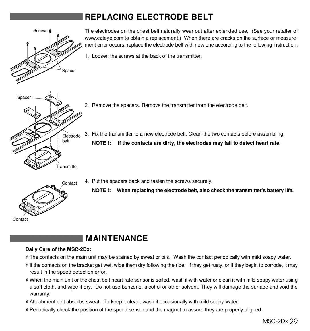 Cateye user manual Replacing Electrode Belt, Maintenance, Daily Care of the MSC-2Dx 