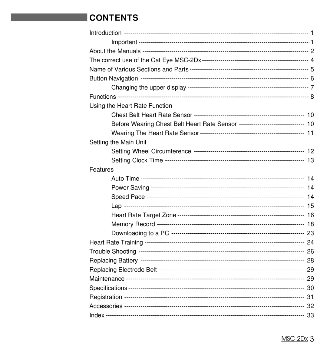 Cateye MSC-2Dx user manual Contents 