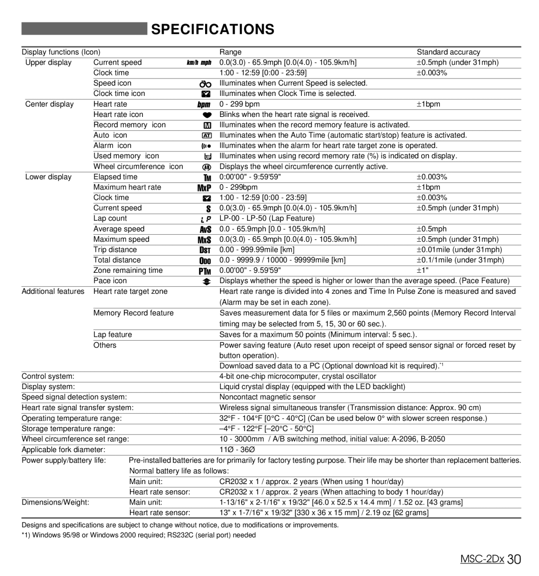 Cateye MSC-2Dx user manual Specifications 