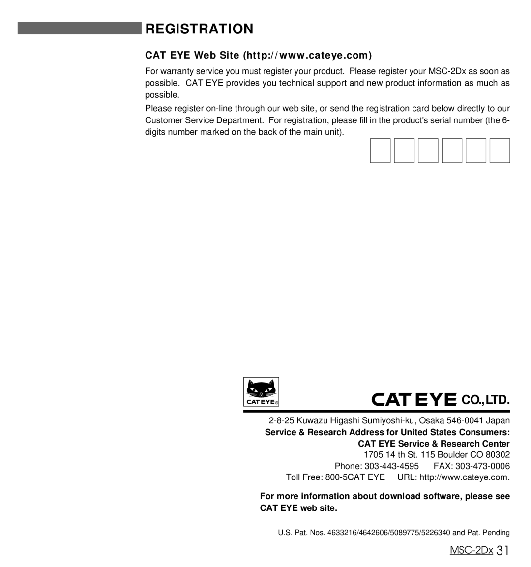 Cateye MSC-2Dx user manual Registration, Phone 303-443-4595 FAX 