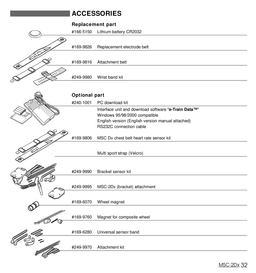 Cateye MSC-2Dx user manual Accessories, Replacement part, Optional part 