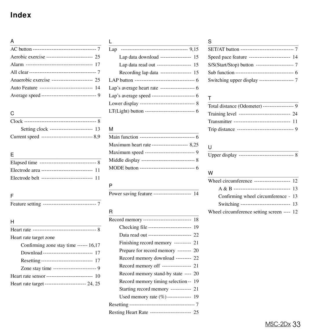 Cateye MSC-2Dx user manual Index, Heart rate target Lap 