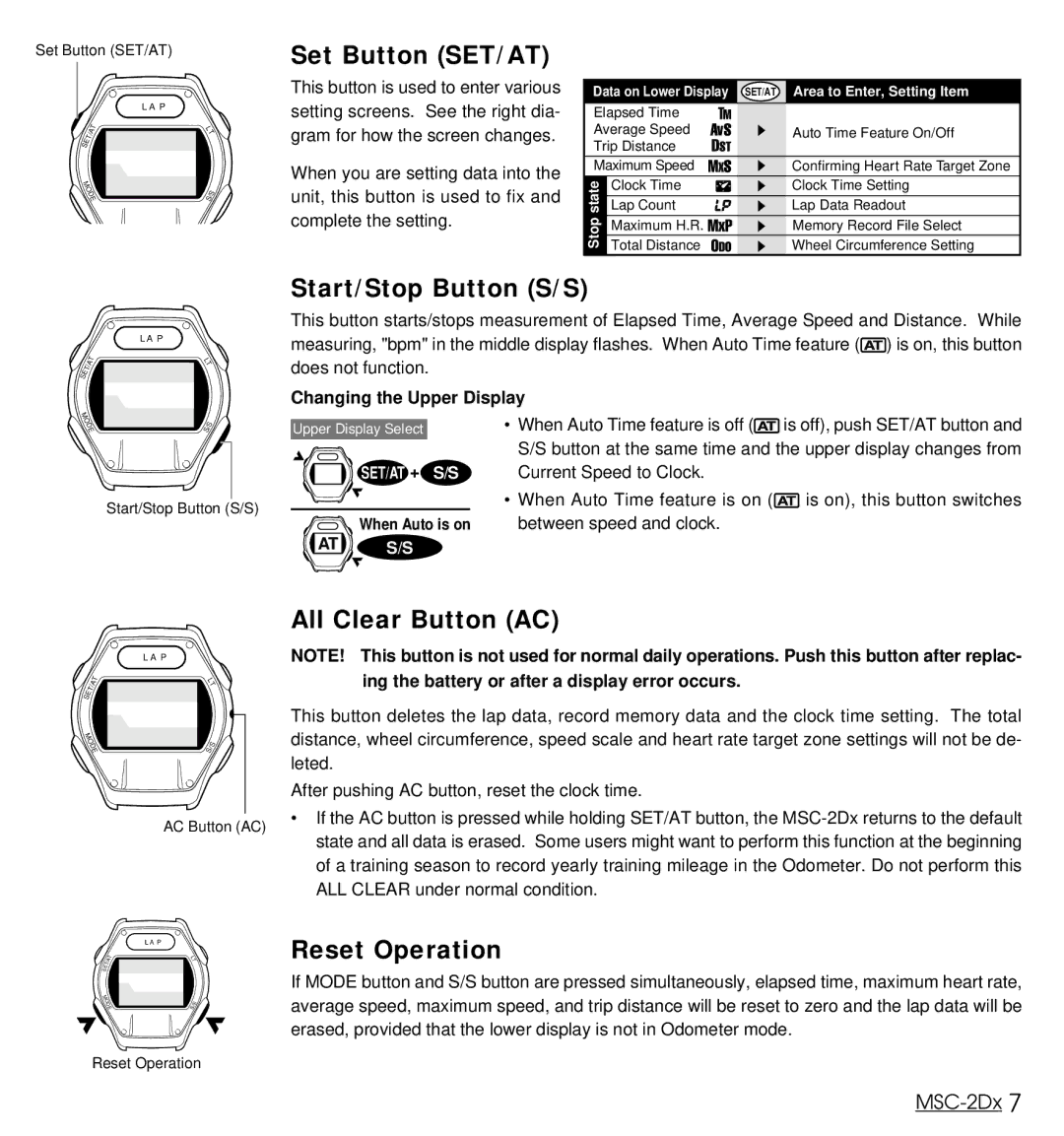 Cateye MSC-2Dx Set Button SET/AT, Start/Stop Button S/S, All Clear Button AC, Reset Operation, Changing the Upper Display 