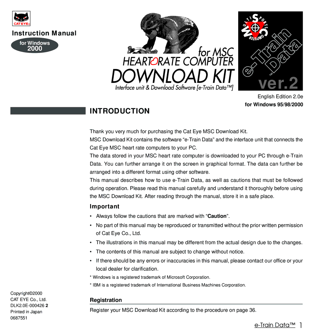 Cateye MSC Download Kit instruction manual Introduction, For Windows 95/98/2000 