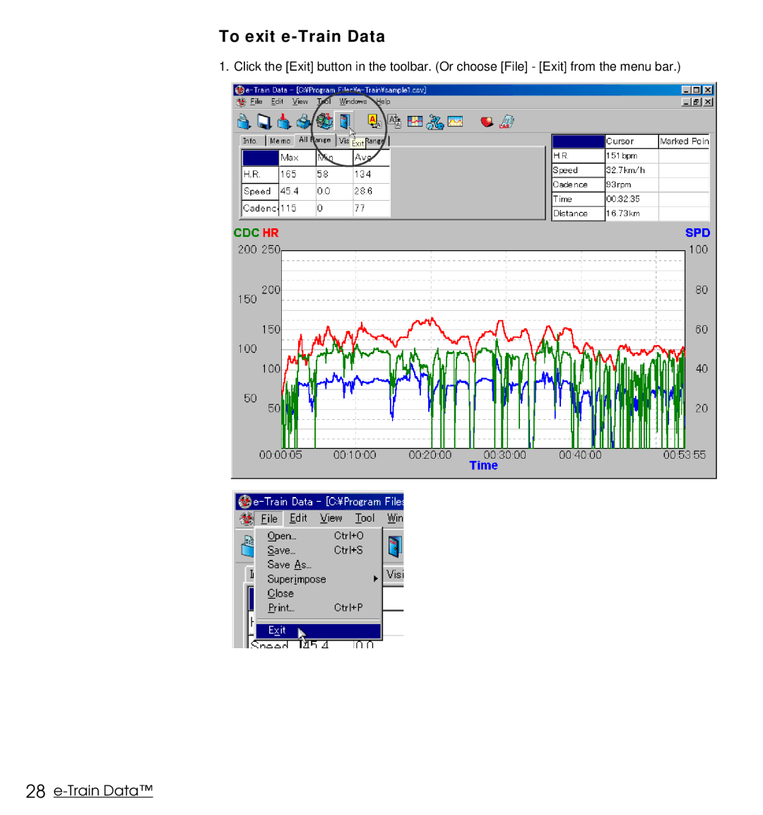 Cateye MSC Download Kit instruction manual To exit e-Train Data 