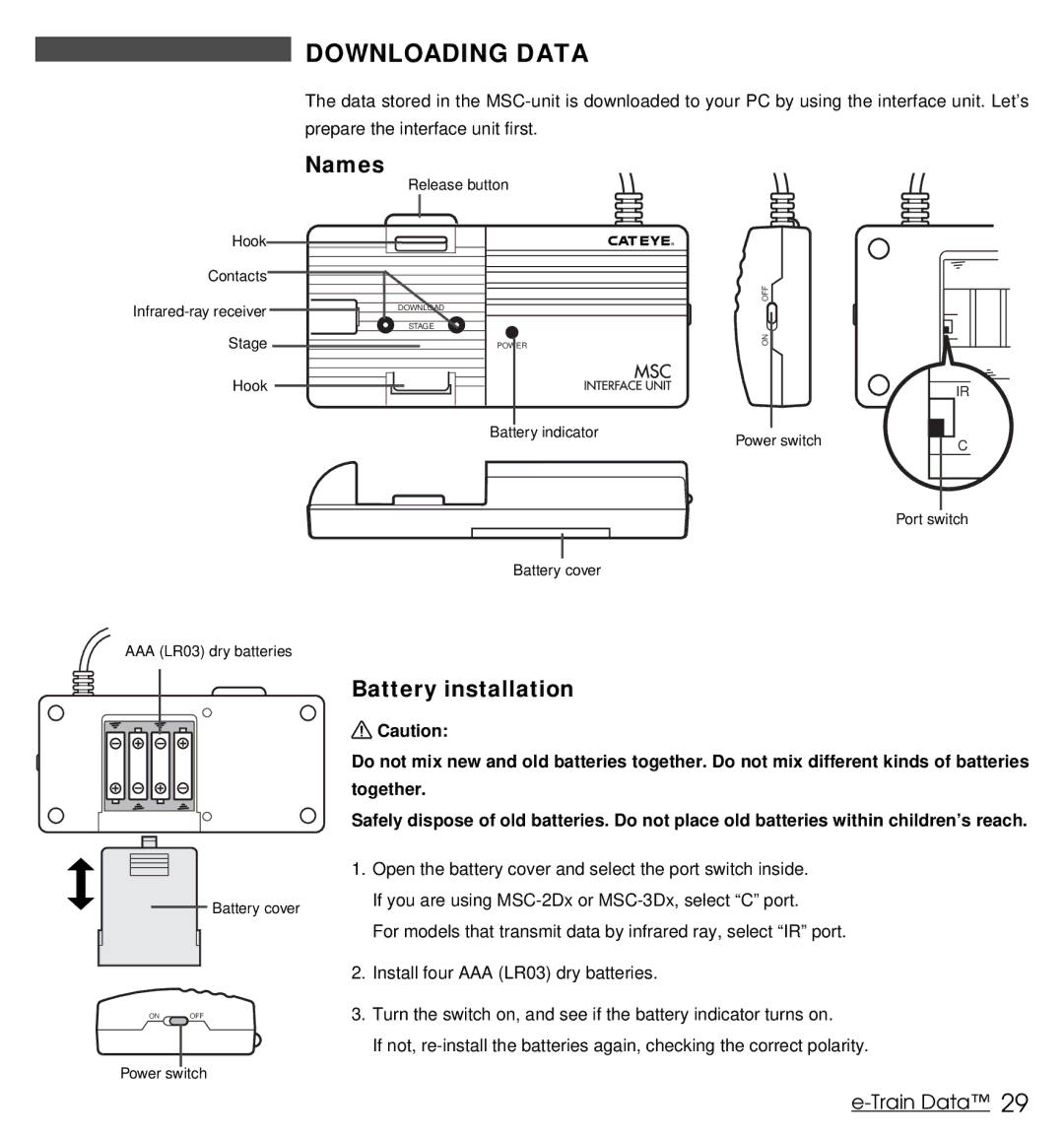 Cateye MSC Download Kit instruction manual Downloading Data, Names, Battery installation 