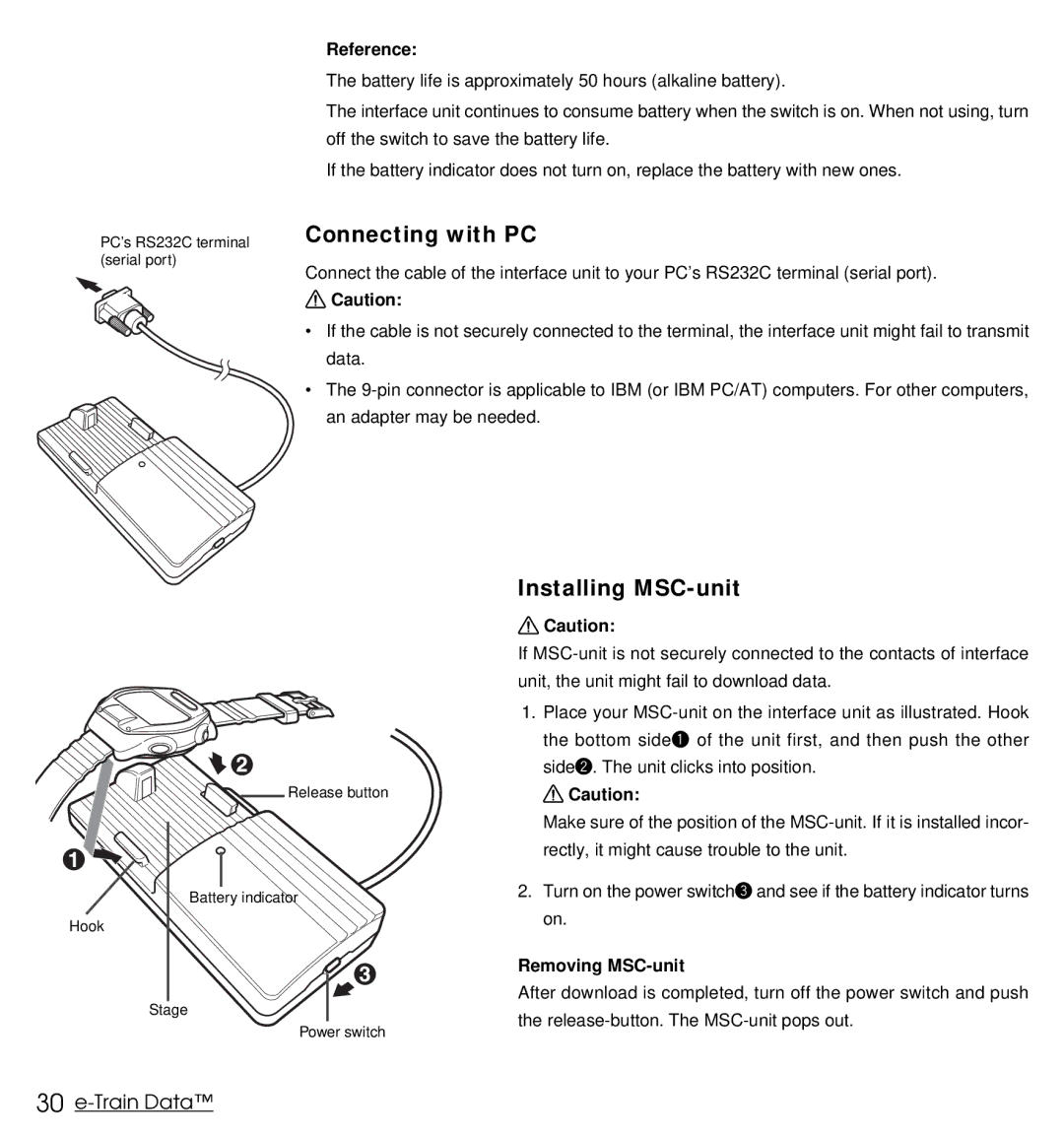 Cateye MSC Download Kit instruction manual Connecting with PC, Installing MSC-unit, Removing MSC-unit 