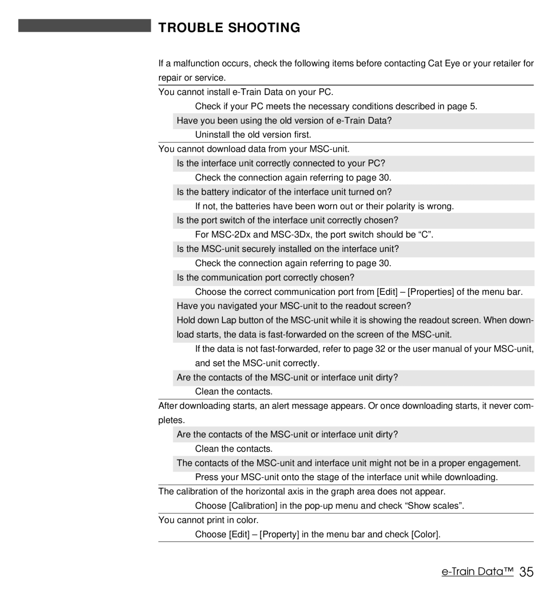 Cateye MSC Download Kit instruction manual Trouble Shooting 