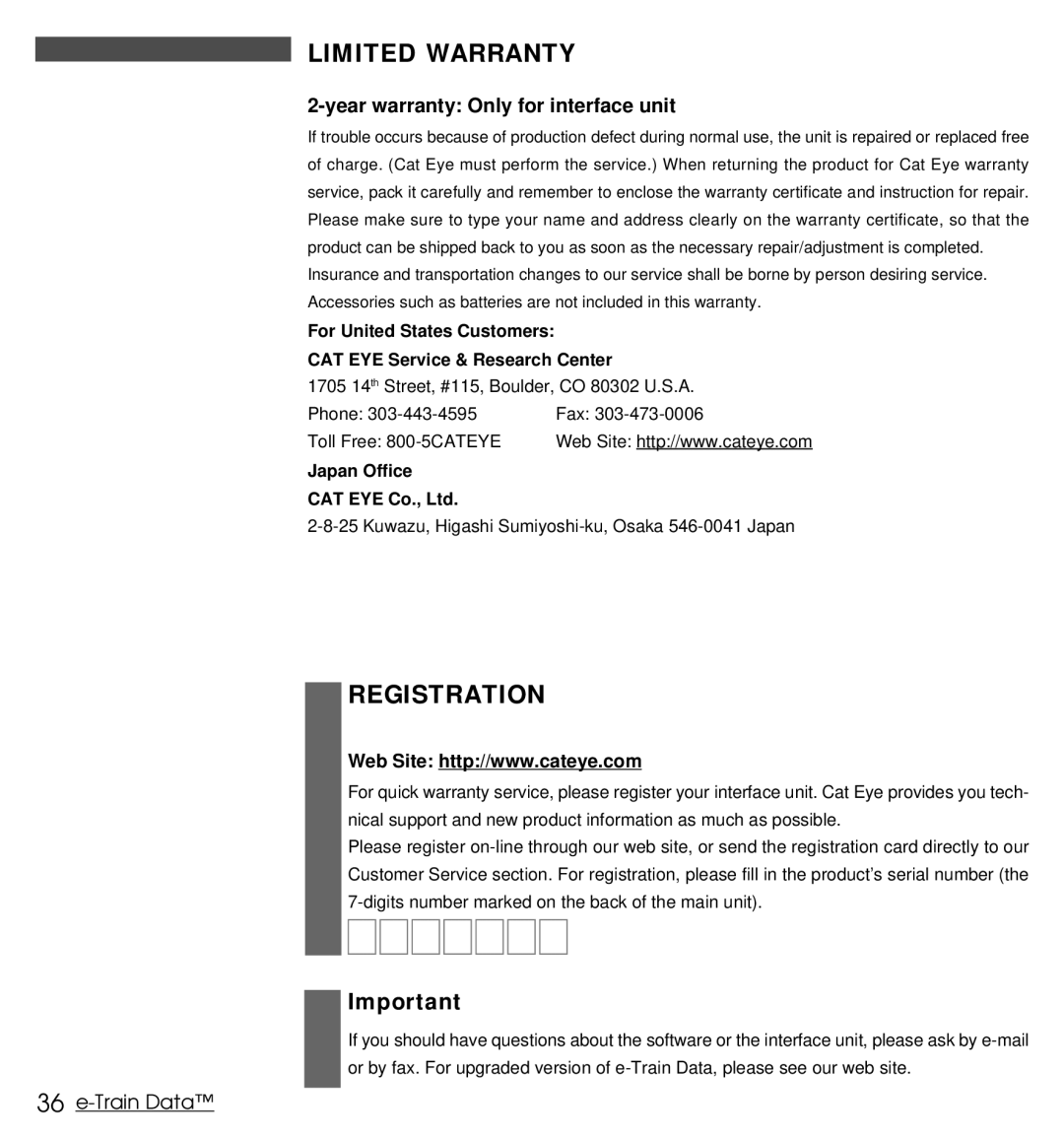 Cateye MSC Download Kit instruction manual Limited Warranty, Registration, Japan Office 