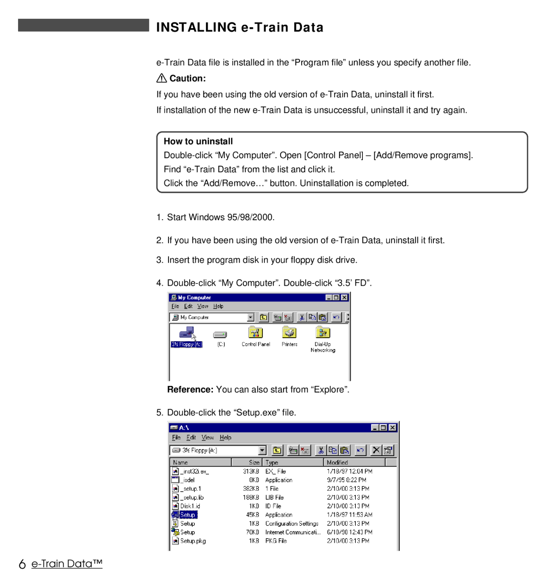 Cateye MSC Download Kit instruction manual Installing e-Train Data, How to uninstall 