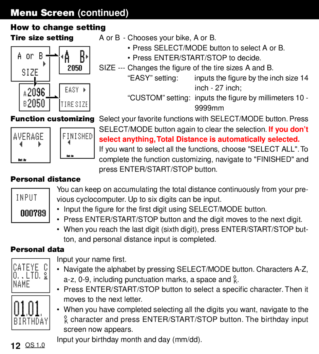 Cateye OS 1.0 manual How to change setting, Personal data 