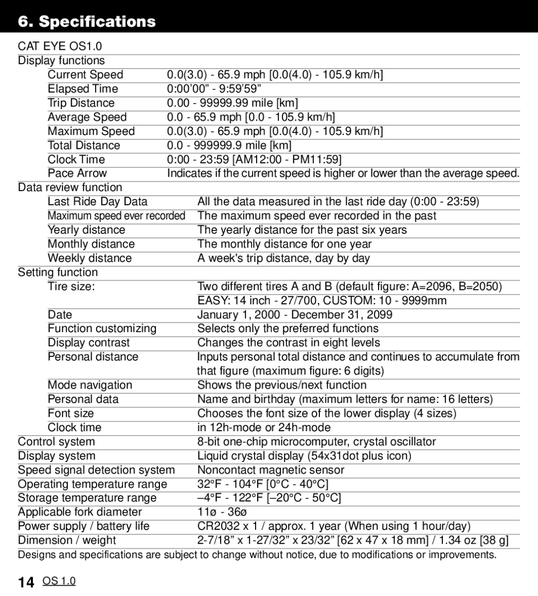 Cateye OS 1.0 manual Specifications, CAT EYE OS1.0 