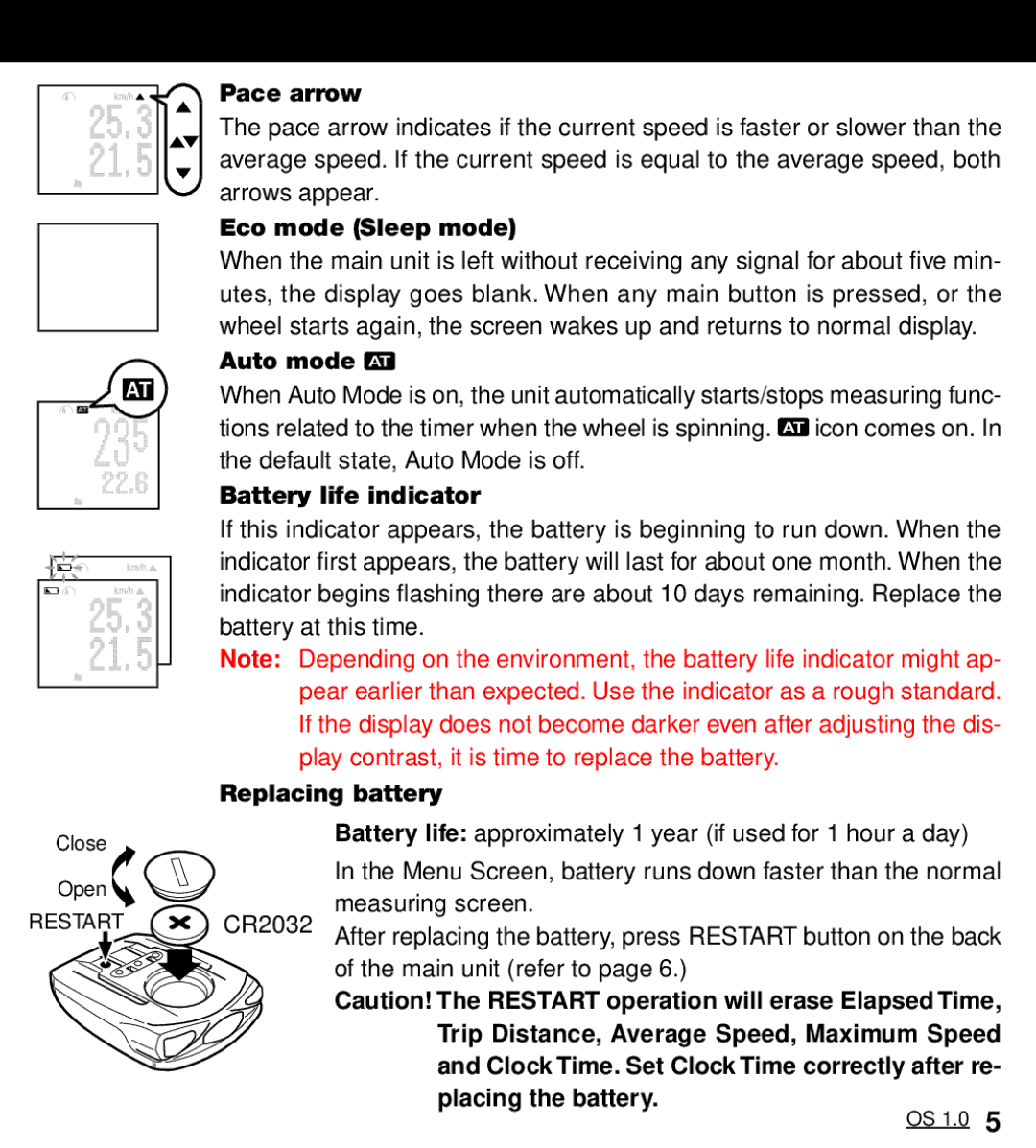 Cateye OS 1.0 manual Pace arrow, Eco mode Sleep mode, Auto mode, Battery life indicator, Replacing battery 