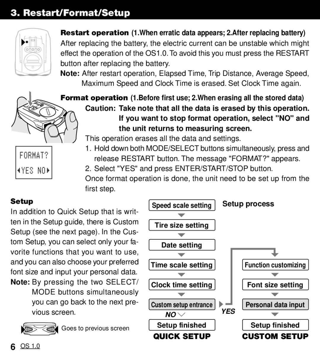 Cateye OS 1.0 manual Restart/Format/Setup, Setup process, Time scale setting 