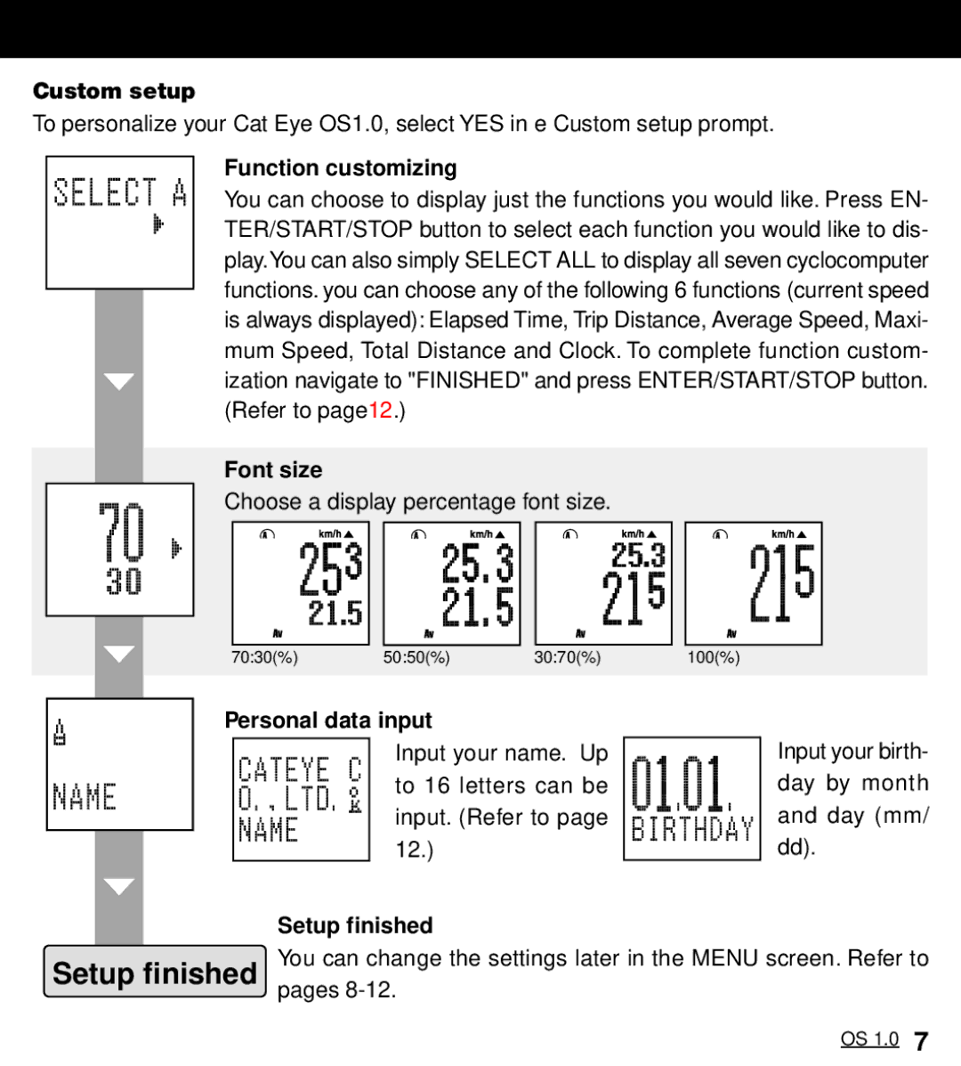 Cateye OS 1.0 manual Custom setup, Function customizing, Font size, Personal data input, Setup finished 