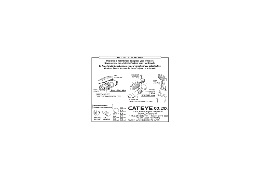 Cateye TL-LD120-F manual LR03, UM-4, AAA, Fente, Accessories de Montage HP-5ø19.0~22.8 