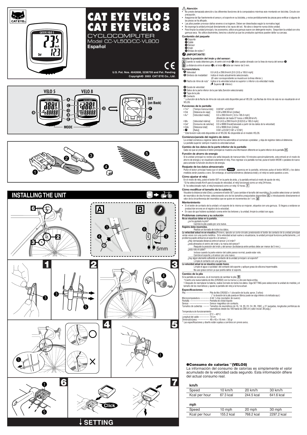 Cateye VELVO 8, VELVO 5 manual Installing the Unit, Setting 