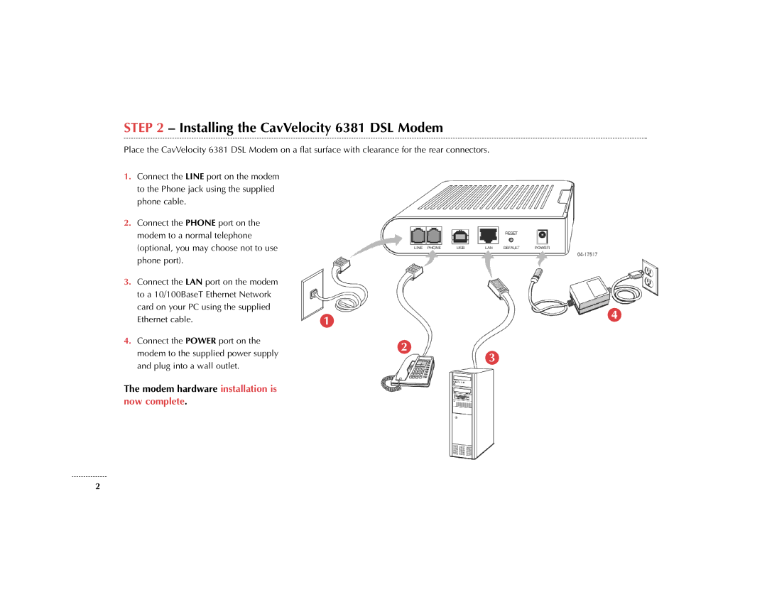 Cavalier installation instructions Installing the CavVelocity 6381 DSL Modem 