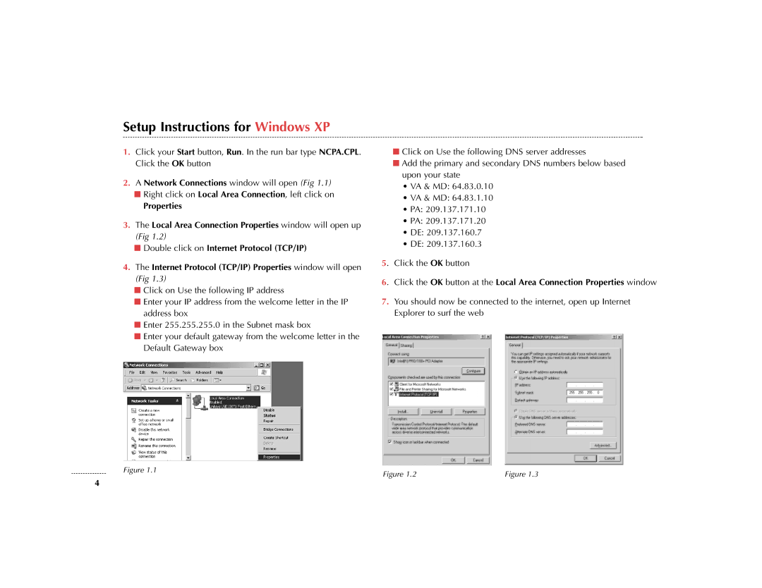 Cavalier 6381 installation instructions Setup Instructions for Windows XP, Network Connections window will open Fig 