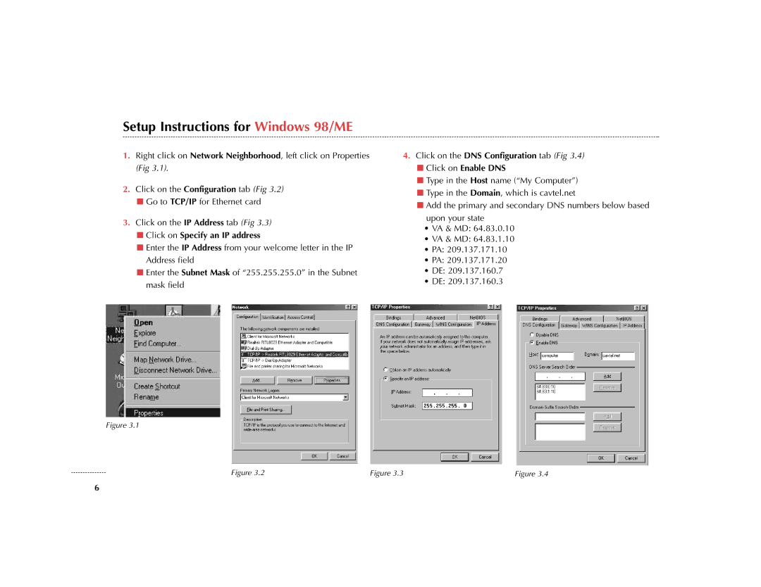 Cavalier 6381 installation instructions Setup Instructions for Windows 98/ME, Click on Specify an IP address 