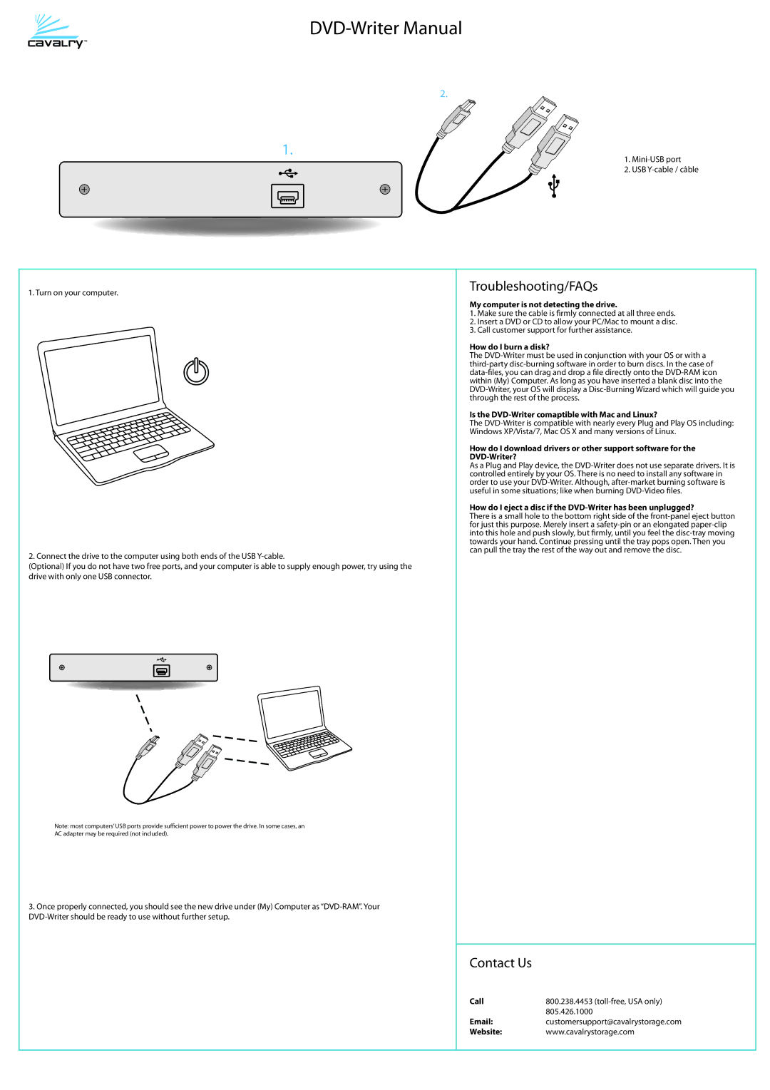 Cavalry Storage Blu-ray Player manual DVD-Writer Manual, Troubleshooting/FAQs, Contact Us 