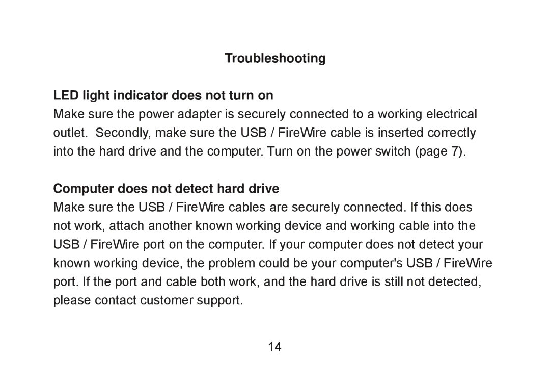 Cavalry Storage CADA-C32A Troubleshooting LED light indicator does not turn on, Computer does not detect hard drive 