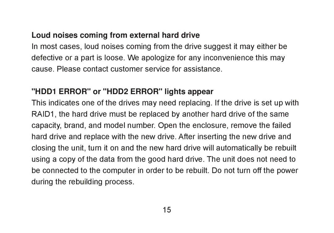 Cavalry Storage CADA-C32A user manual Loud noises coming from external hard drive, HDD1 Error or HDD2 Error lights appear 