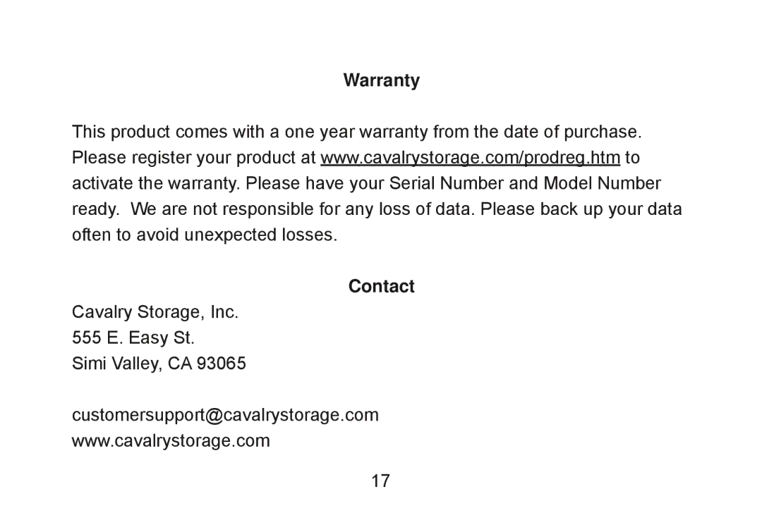 Cavalry Storage CADA-C32A user manual Warranty Contact 