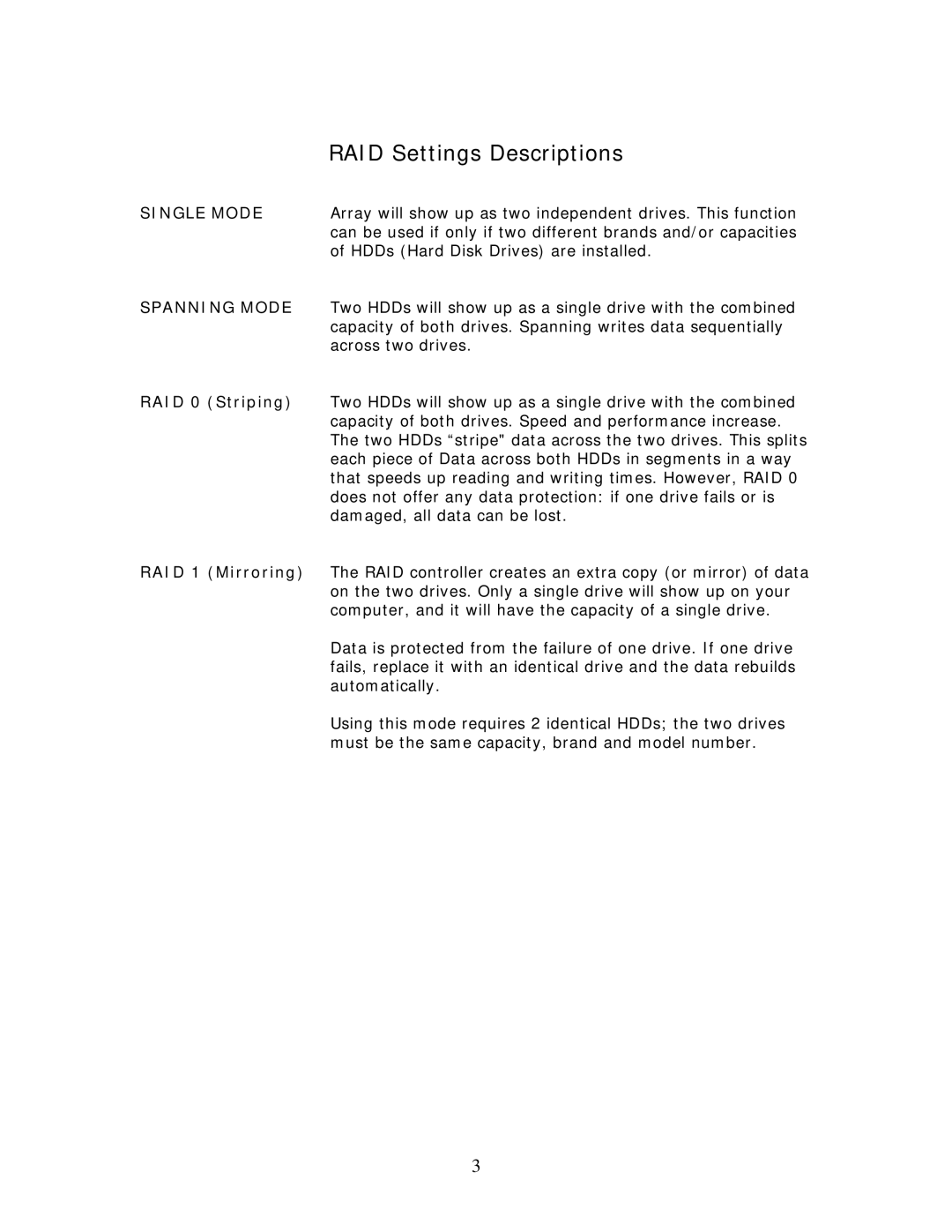 Cavalry Storage CADA-U32A manual RAID Settings Descriptions 