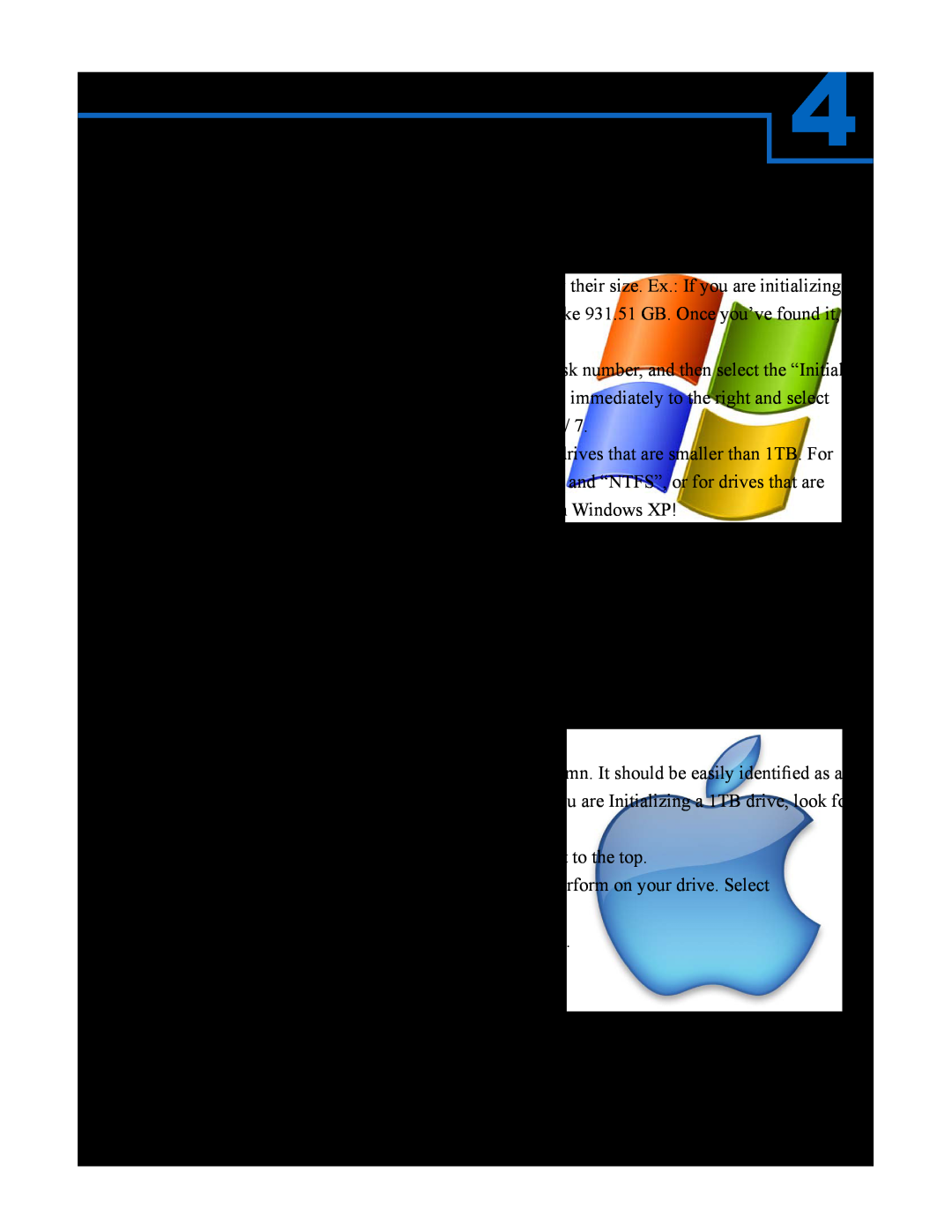 Cavalry Storage CADA-U3E4 instruction manual Chapter, Initializing and Formatting Your New Array, Windows, Mac OS X 10.4.0+ 