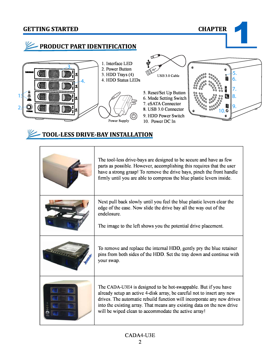 Cavalry Storage CADA-U3E4 Product Part Identification, Tool-Less Drive-Bay Installation, Getting Started, Chapter 