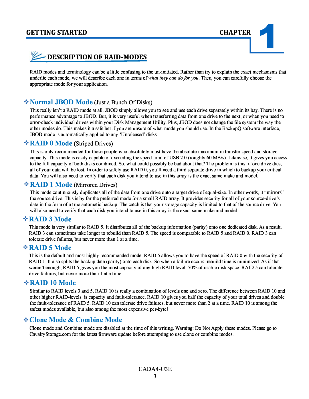 Cavalry Storage CADA-U3E4 Description Of Raid-Modes, Getting Started, RAID 3 Mode, RAID 5 Mode, RAID 10 Mode, Chapter 