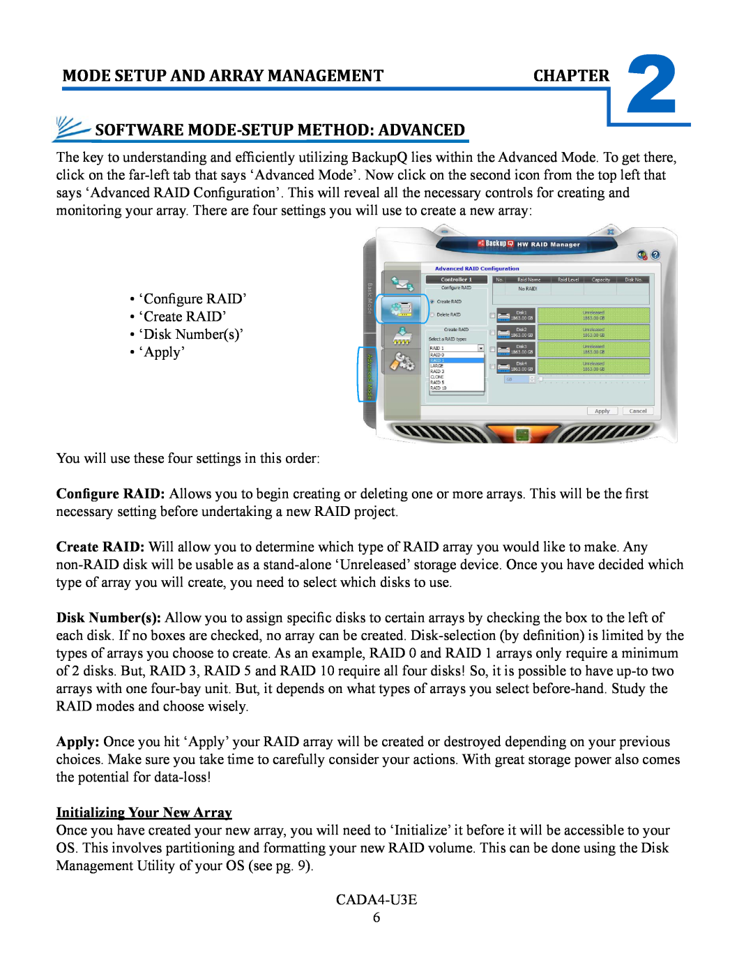 Cavalry Storage CADA-U3E4 instruction manual Software Mode-Setup Method Advanced, Initializing Your New Array, Chapter 