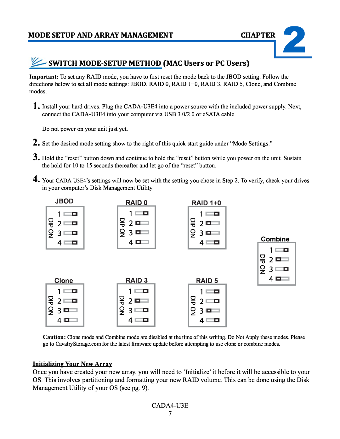 Cavalry Storage CADA-U3E4 SWITCH MODE-SETUP METHOD MAC Users or PC Users, Mode Setup And Array Management, Chapter, Jbod 